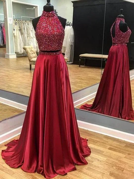 2 Pieces Rhinestone Beaded Elastic Satin Prom Dresses, Open Back Prom Dresses