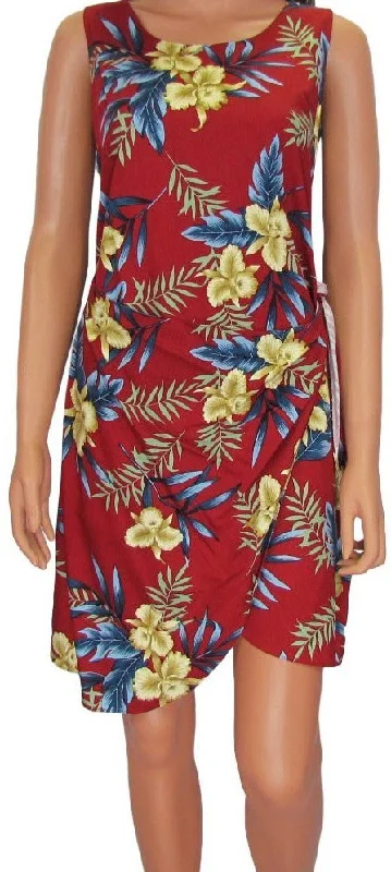 Hawaiian Sarong Dress Orchid Fern Red