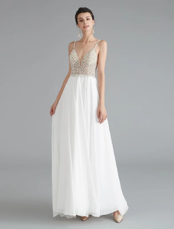 A-Line Evening Gown Dress Engagement Floor Length Sleeveless V Neck Chiffon V Back with Beading