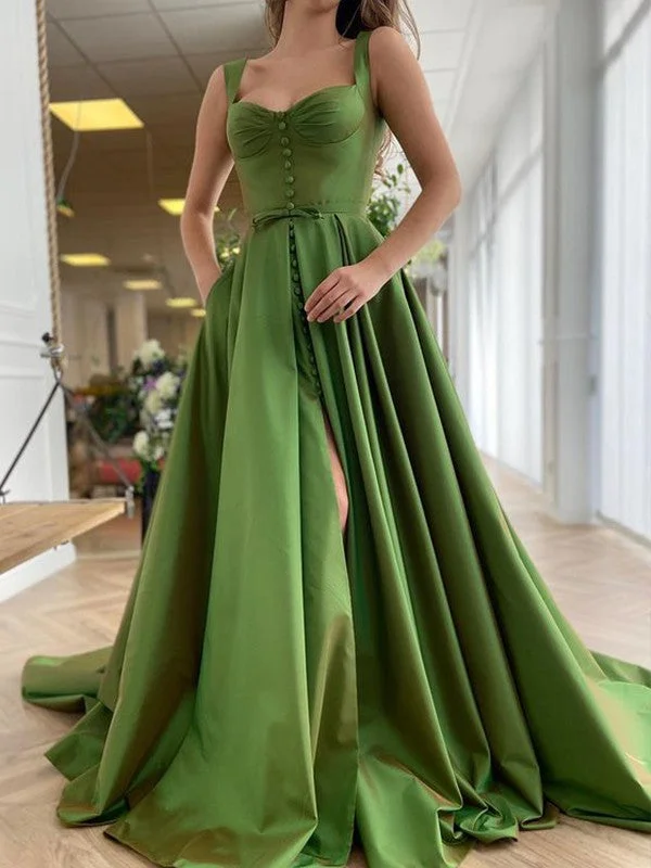 A-Line/Princess Court Train Straps Sleeveless Satin Ruffles Dresses