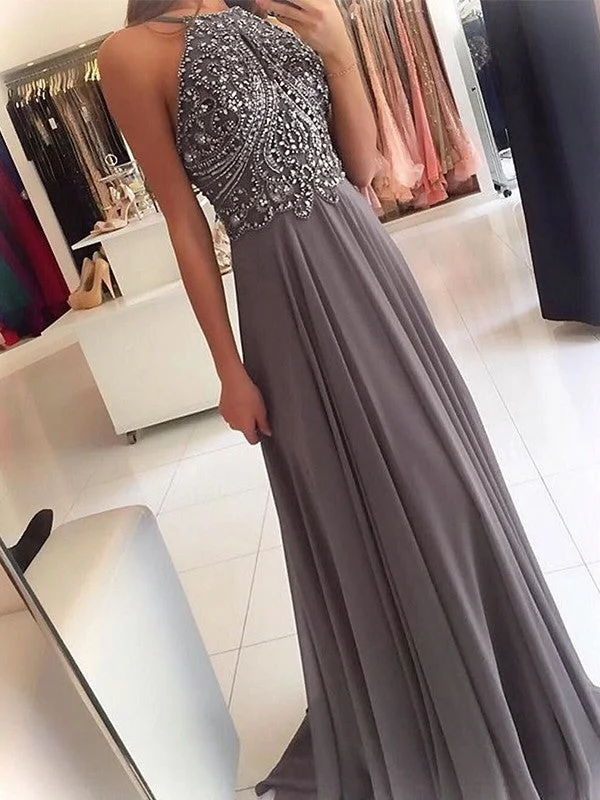 A-Line/Princess Halter Sleeveless Floor-Length Beading Chiffon Dresses