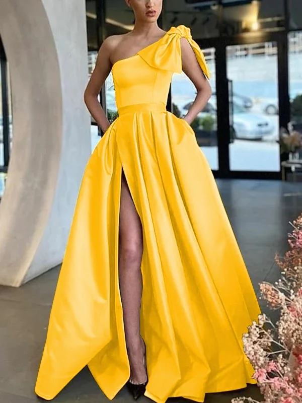 A-Line/Princess Satin One-Shoulder Ruffles Sleeveless Sweep/Brush Train Dresses