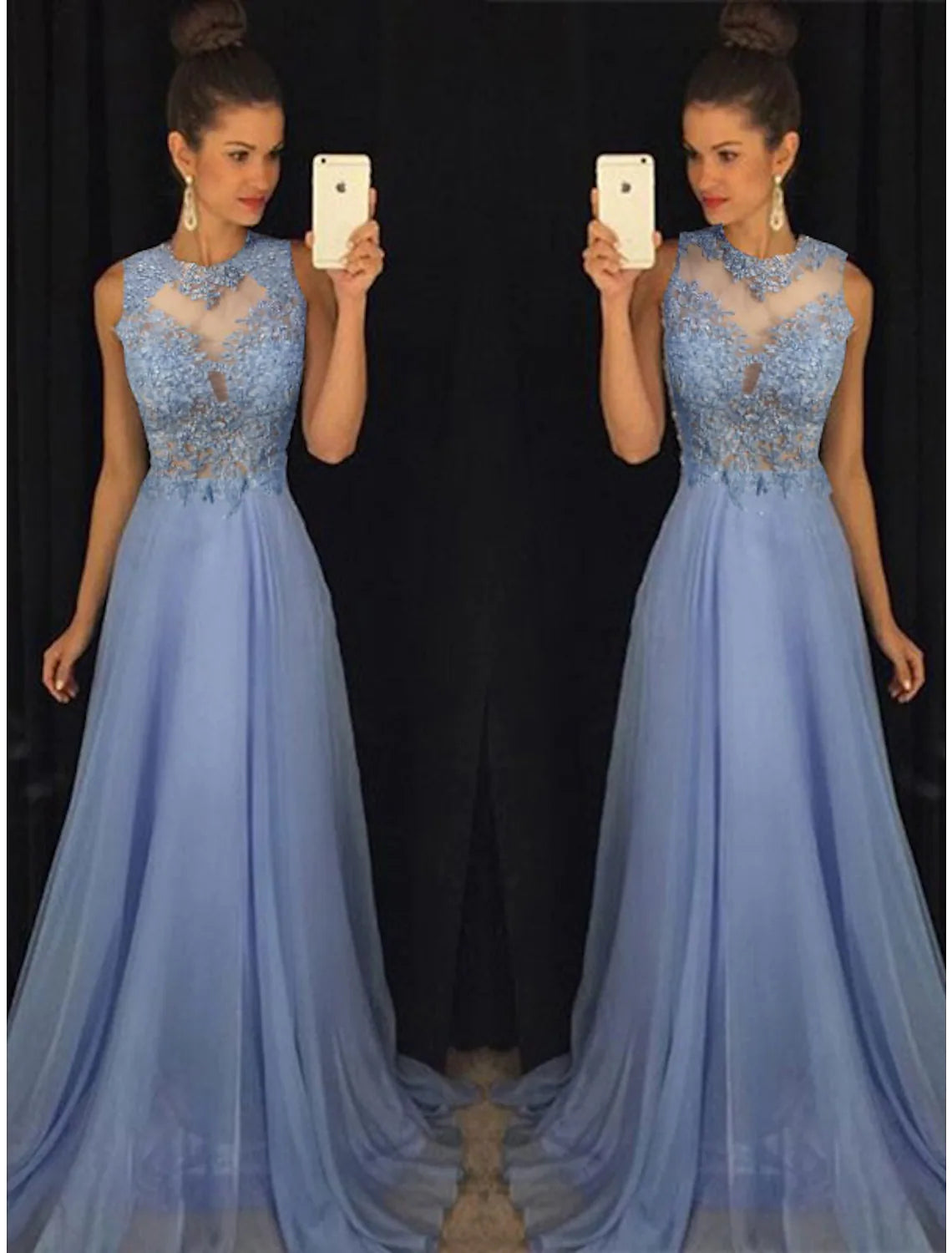 A-Line Prom Formal Evening Dress Sleeveless Chiffon with Beading Appliques