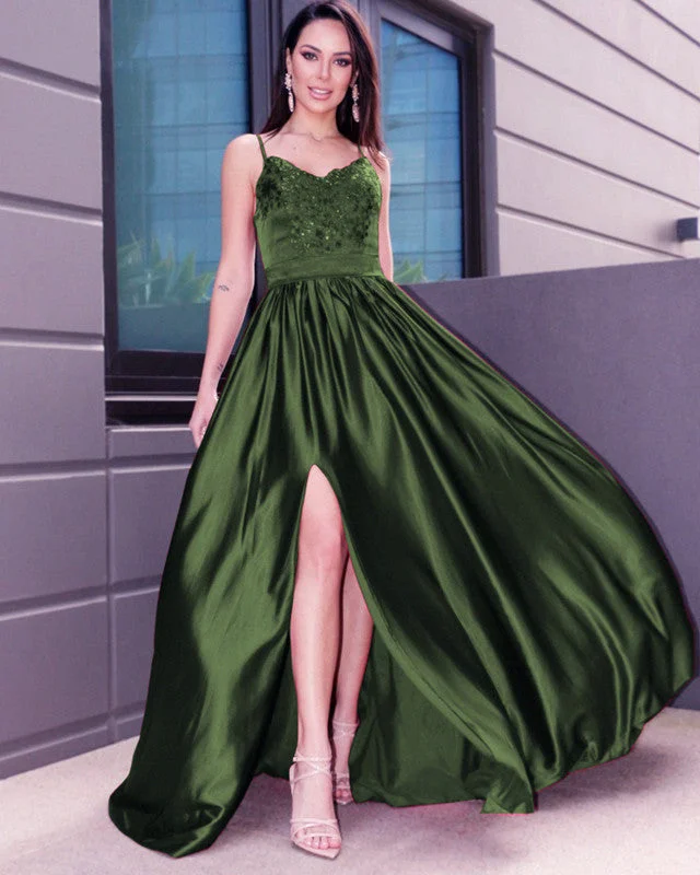 Olive Green Prom Dresses Appliques V Neck Split