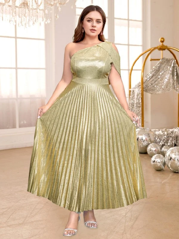 AOMEIDRESS Gold Shiny Pleated Dress One Shoulder Diagonal Collar