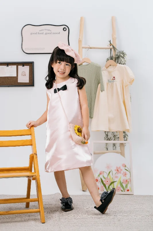 Black Bow A Line Dress in Pink