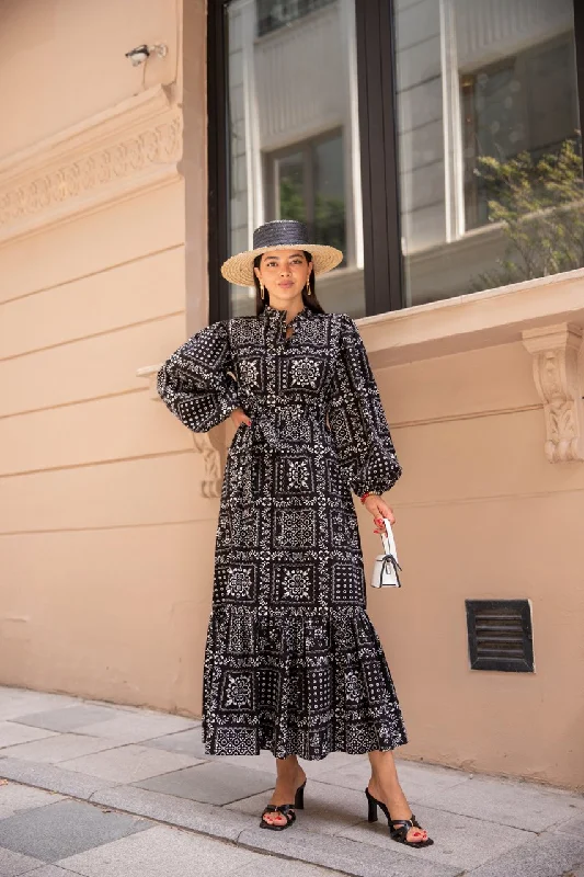 Black Front Button Sleeves Dress