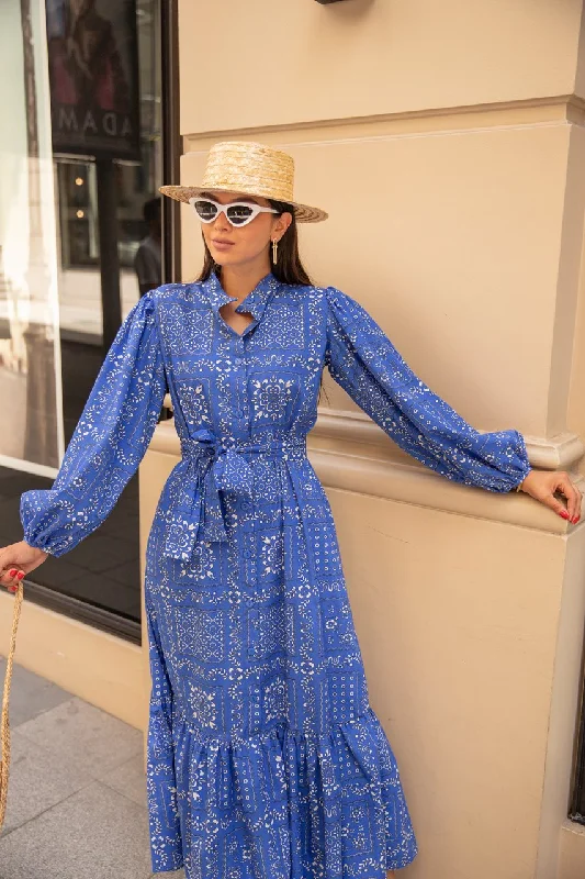 Blue Front Button Sleeves  Dress