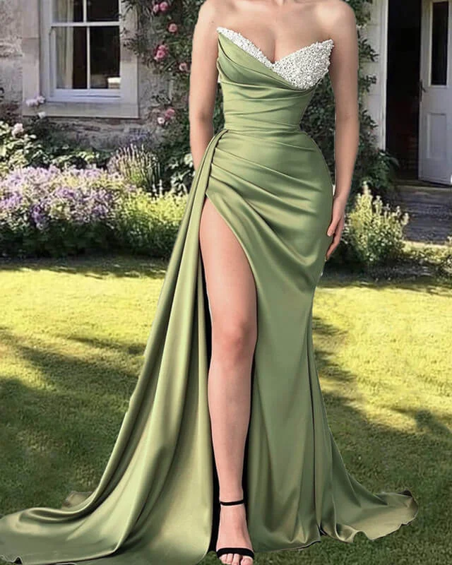 Mermaid Beaded V-neck Slit Sage Satin Dress