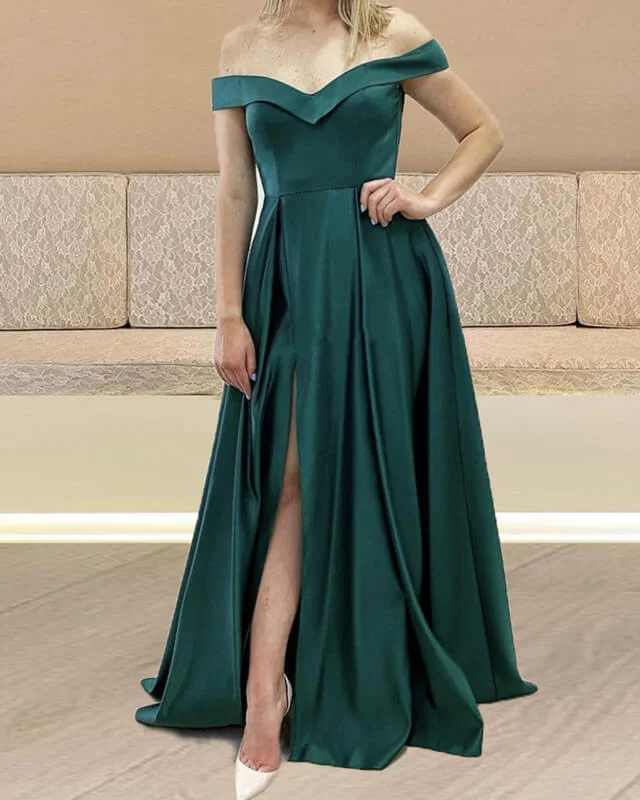 Dark Green Satin Off Shoulder Split Dress