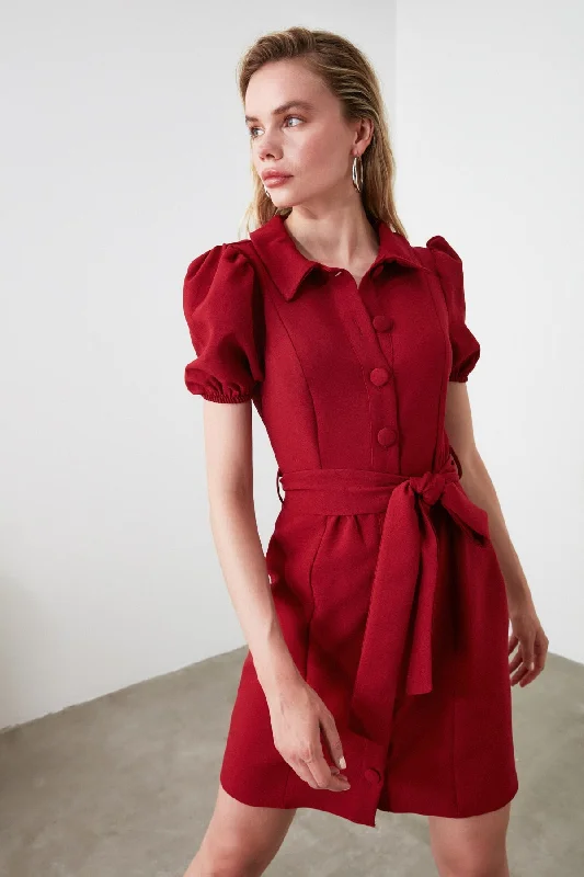 Burgundy Belted Collar Dress