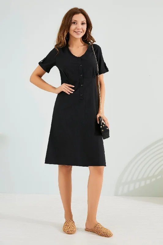 Button-detailed Black Dress