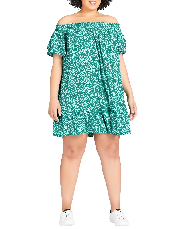 Cameron Off Shoulder Dress | Kelly Green / White