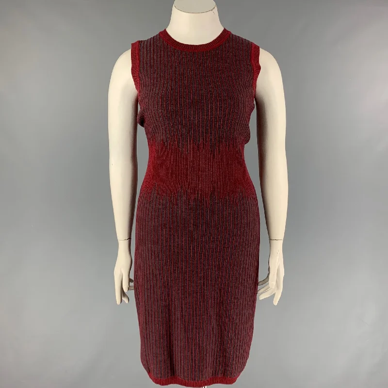 CAROLINA HERRERA Size L Burgundy Grey Wool Stripe Sheath Dress