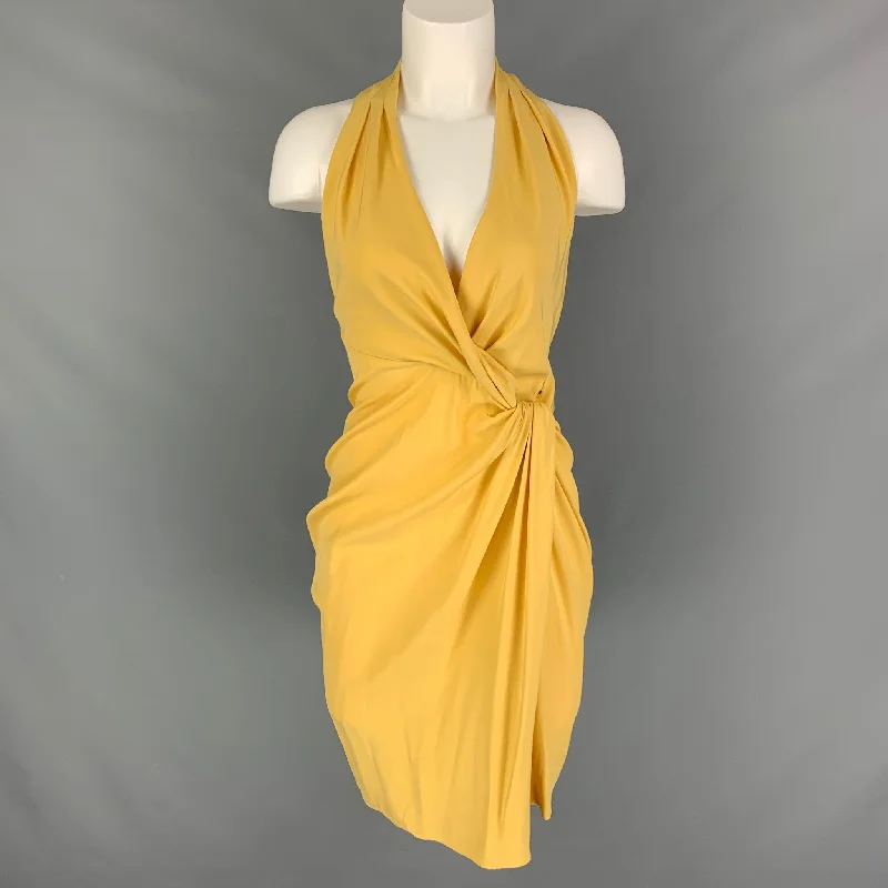 CATHERINE MALANDRINO Size 4 Yellow Silk Wrap Dress