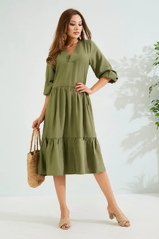 Comfortable V-neck Khaki Dress