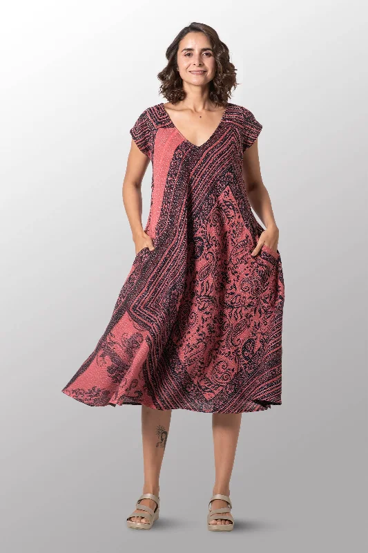 COTTON PAISLEY KANTHA CAP SLV. FLARE DRESS - cp2425-pik -