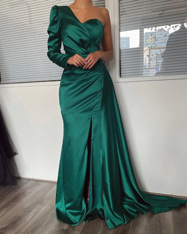 Emerald Green Mermaid Dresses One Shoulder Split