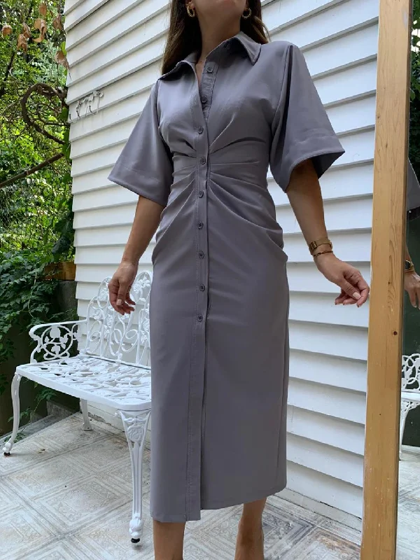 Gray Front Buttoned Gathered Dress