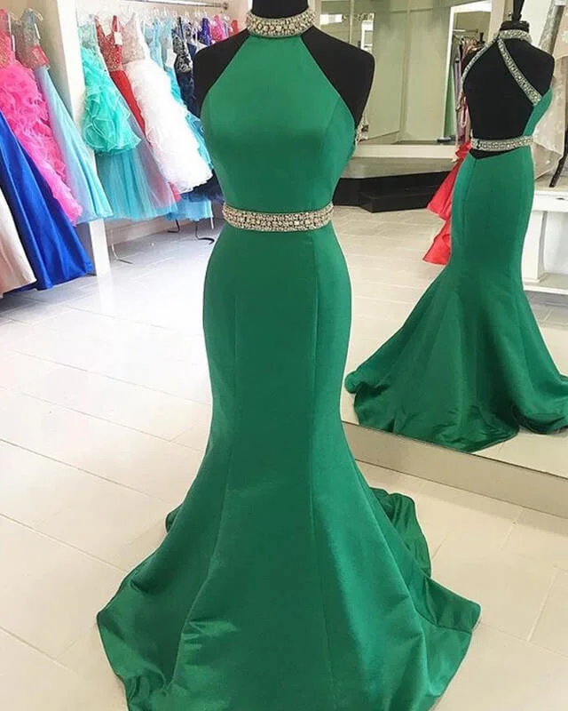 Green Mermaid Halter Prom Dresses Satin Open Back