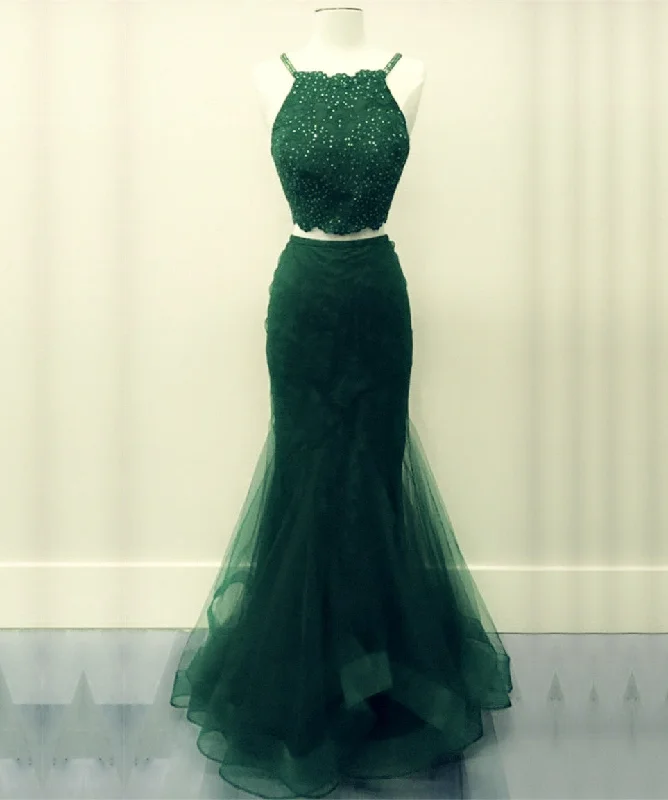 Green Two Piece Prom Dress Mermaid Applique Ruffles