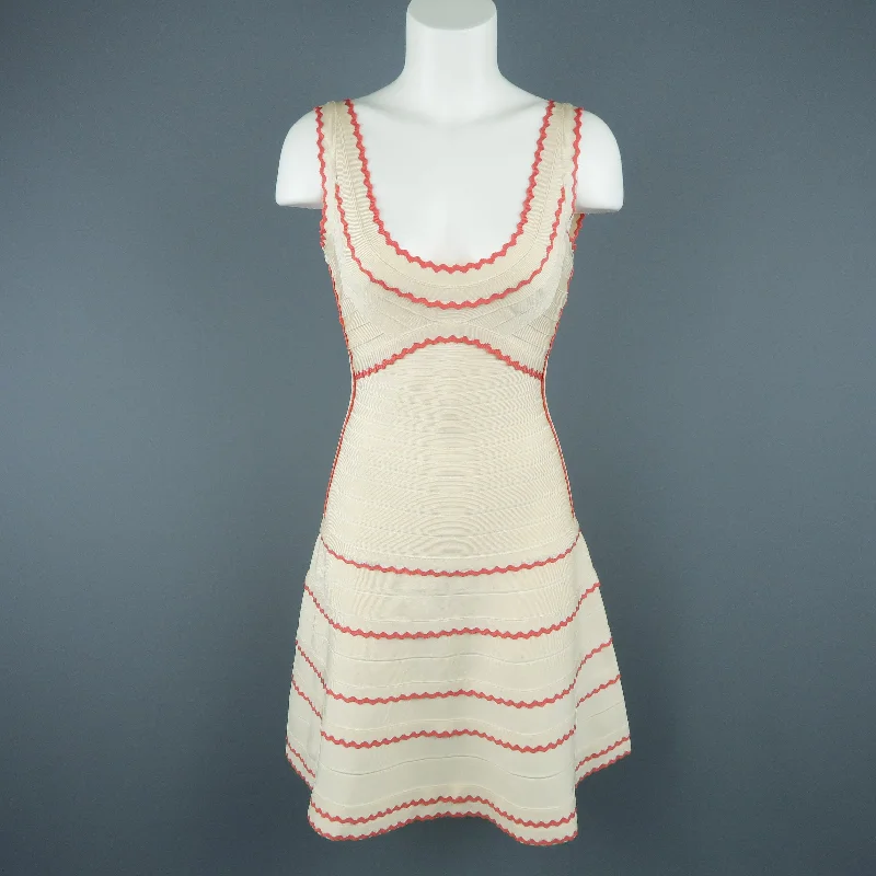 HERVE LEGER Size M Beige & Coral Scalloped Bandage Hanah Dress