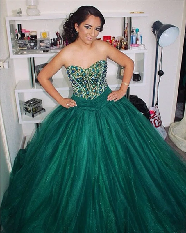 Hunter Green Organza Quinceanera Dresses Ball Gowns Crystal Beaded Sweetheart