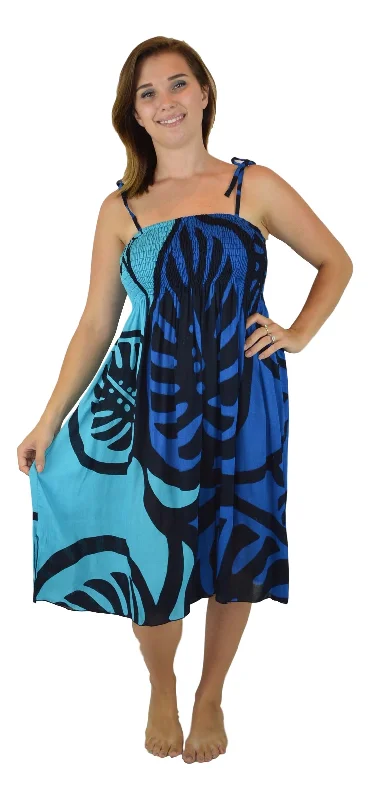 Island Style Elastic Dress - Bold Monstera (Blue)