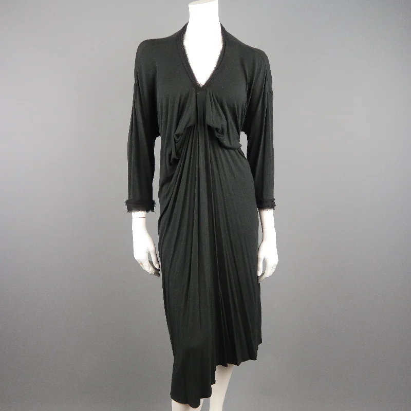 LANVIN Size XXL Charcoal Draped Jersey Silk Chiffon Trimmed Dress