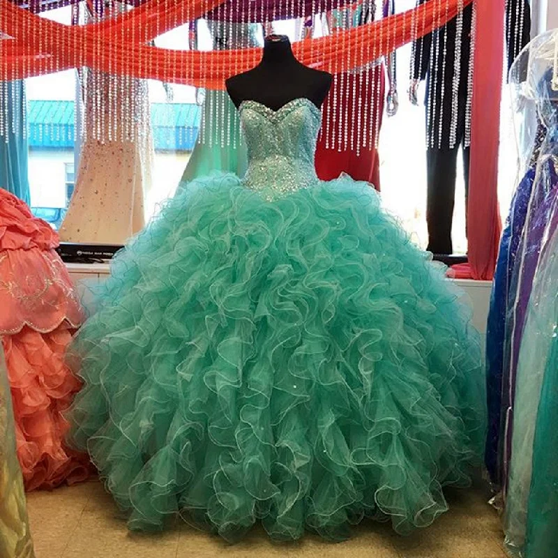 Lovely Beaded Organza Ruffles Turquoise Quinceanera Dresses Ball Gowns