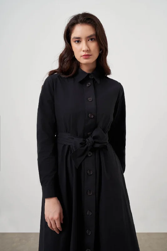 Mizalle-Button Up Belted Black Dress