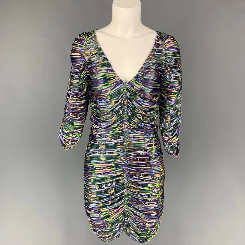 MATTHEW WILLIAMSON Size 4 Multi-Color Viscose Ruched V-Neck Dress