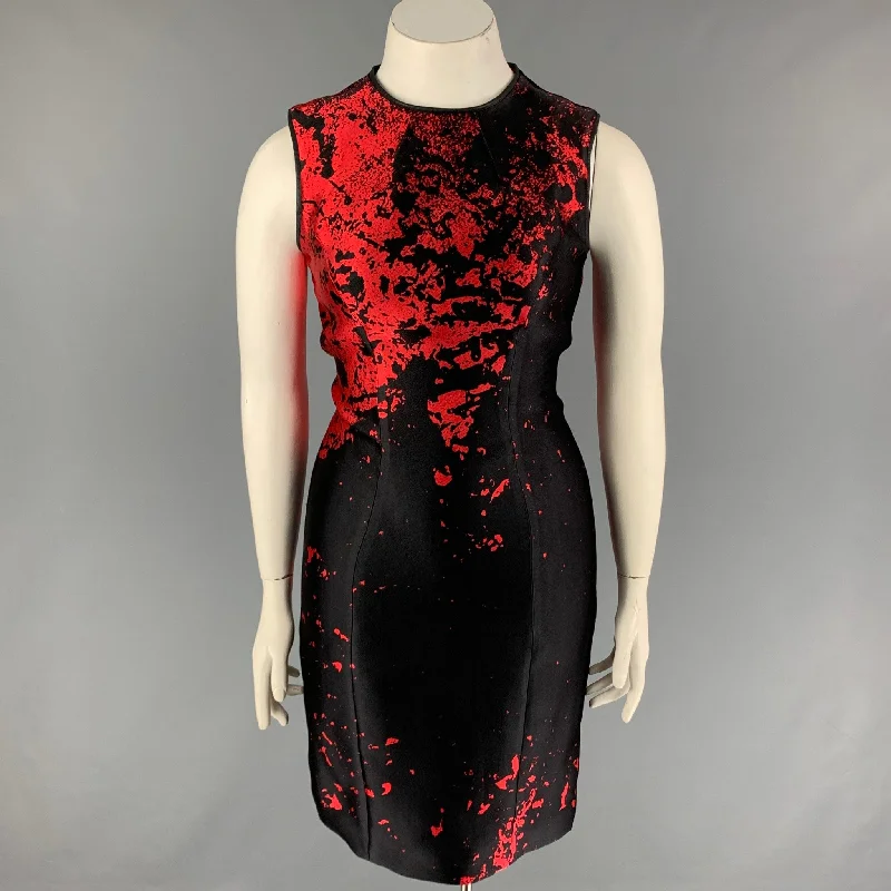 MONIQUE LHUILLIER Size 10 Red Black Wool Lycra Abstract Sheath Dress