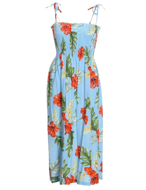 Monstera Blue Smock Hawaiian Dress