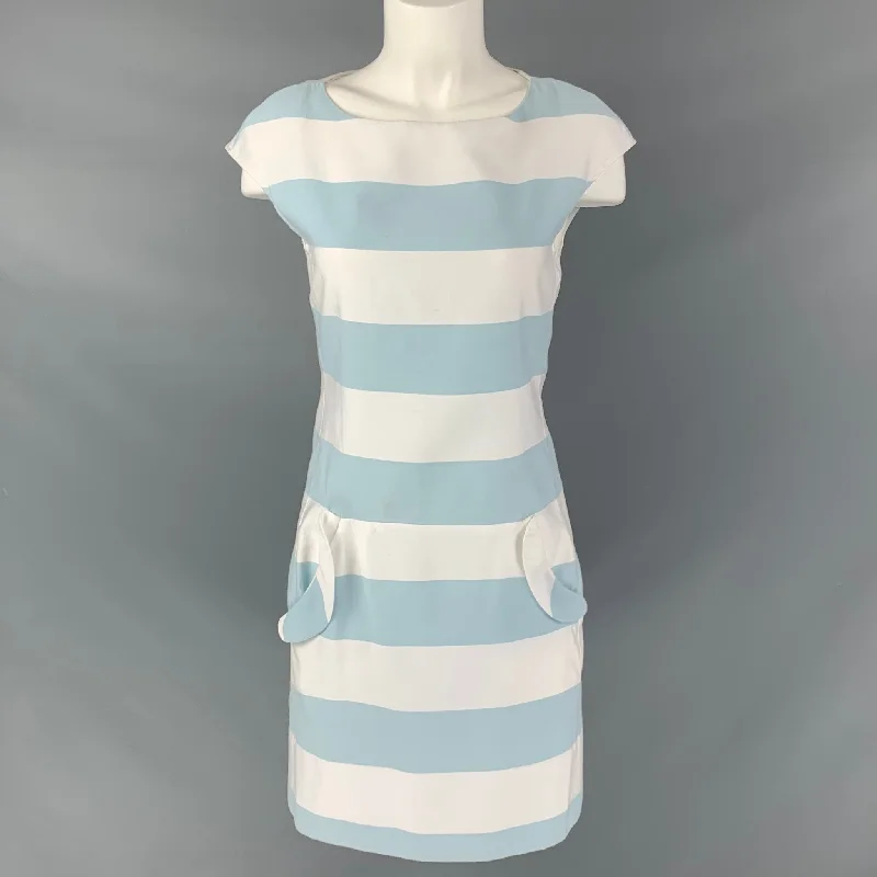 MOSCHINO Size 4 Light Blue & White Cotton and Polyester Stripe Sleeveless Dress