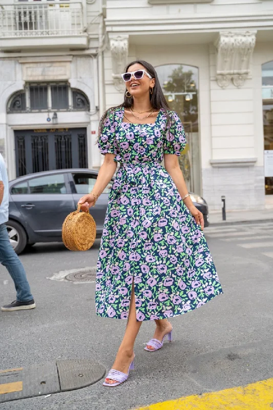 Navy Blue Square Collar Front Button Dress