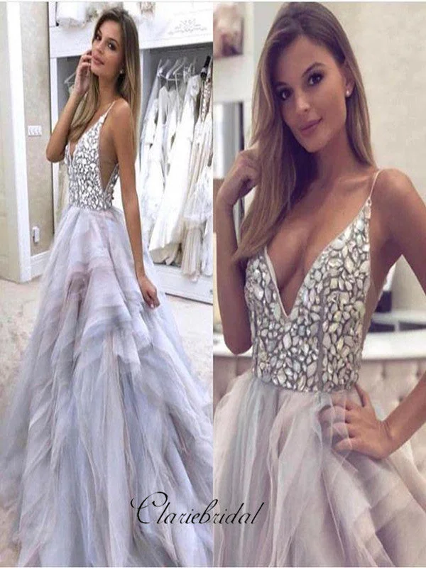 Newest Rhinestone V-neck Prom Dresses, Sexy Beaded Prom Dresses