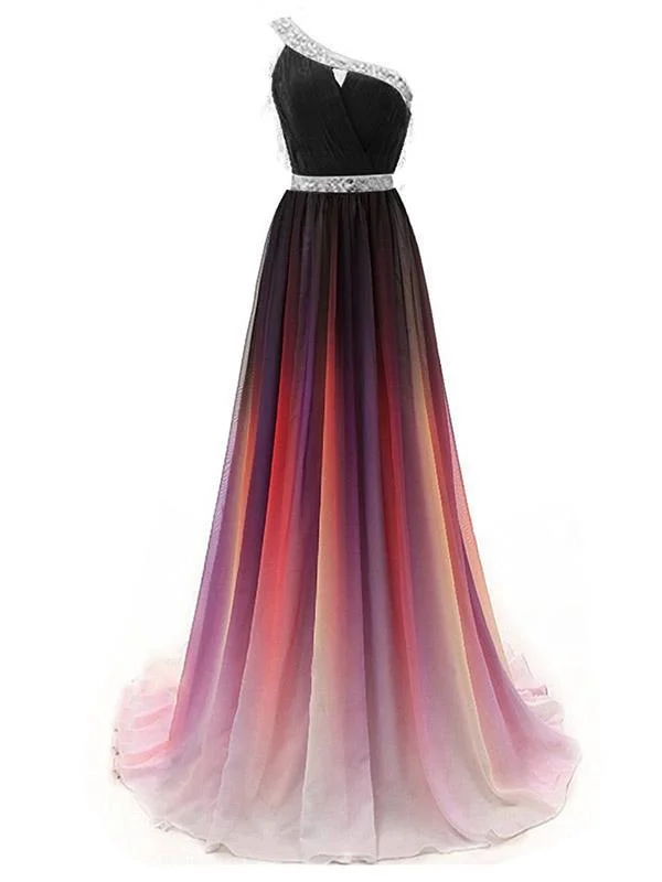 One Shoulder Beaded Gradient Chiffon Prom Dresses, Newest Prom Dresses, Prom Dresses