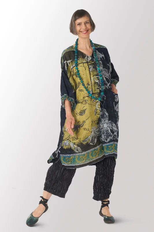 ORGANIC LEAVES KANTHA BLOCK DRESS - ol2449-blk -