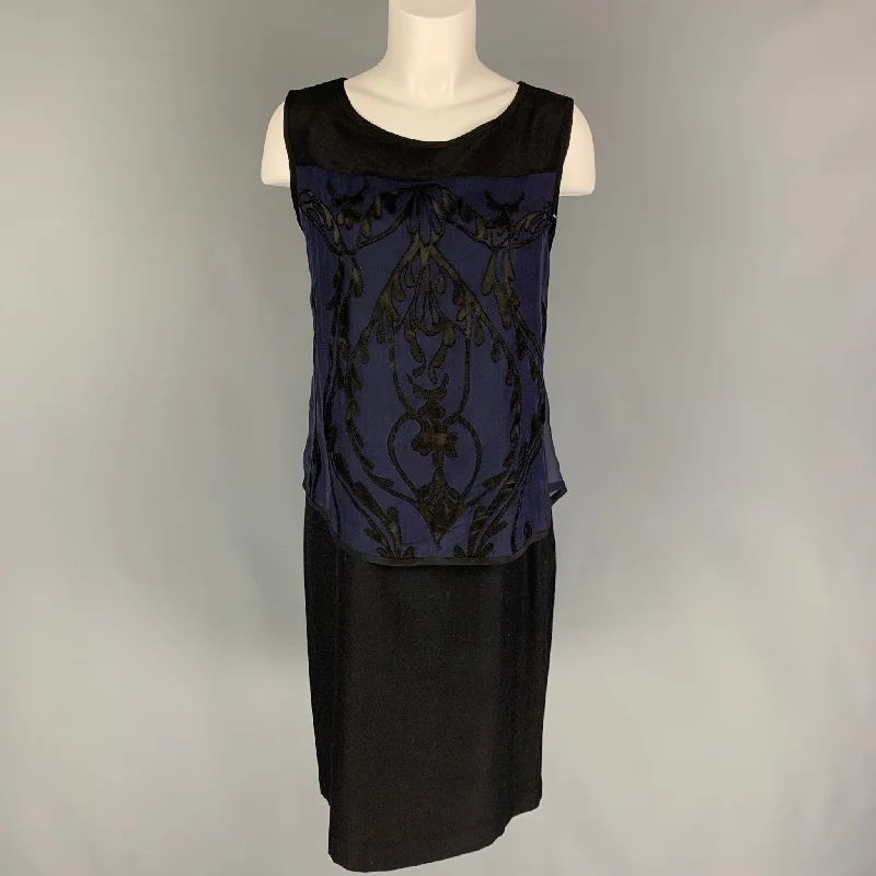 PAS de CALAIS Size M Dark Blue Black Rayon Silk Applique Sleeveless Dress