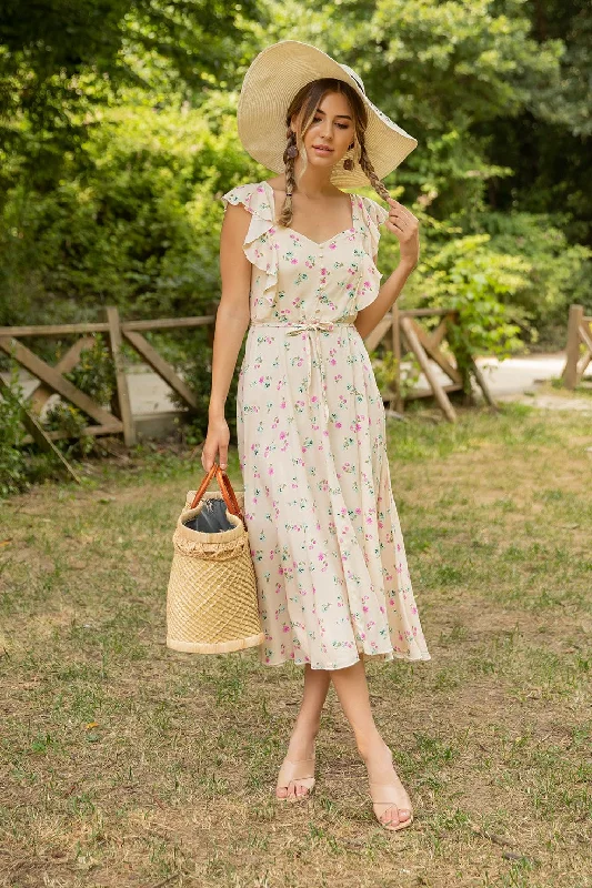 Pink Flower Slim Belted Dress