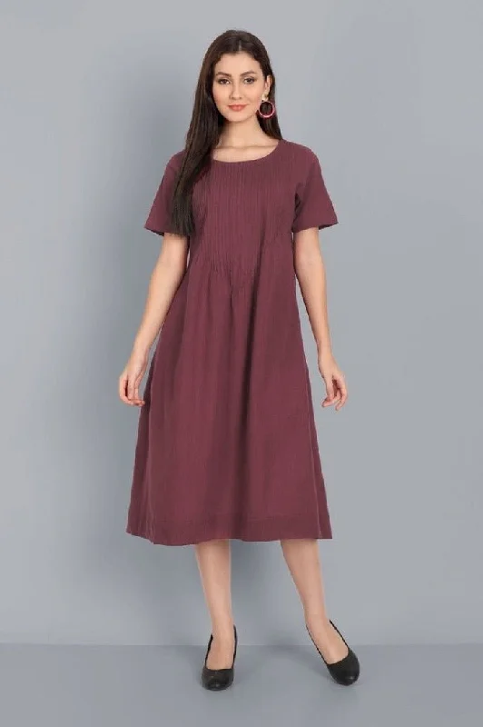 Chestnut Pin-Tuck Cotton Linen Dress