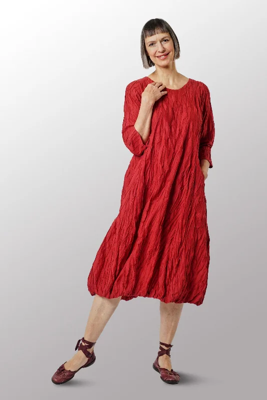 POLISHED COTTON RANDOM TUCK VOILE CREW NECK PUMPKIN DRESS - rc1444-red -