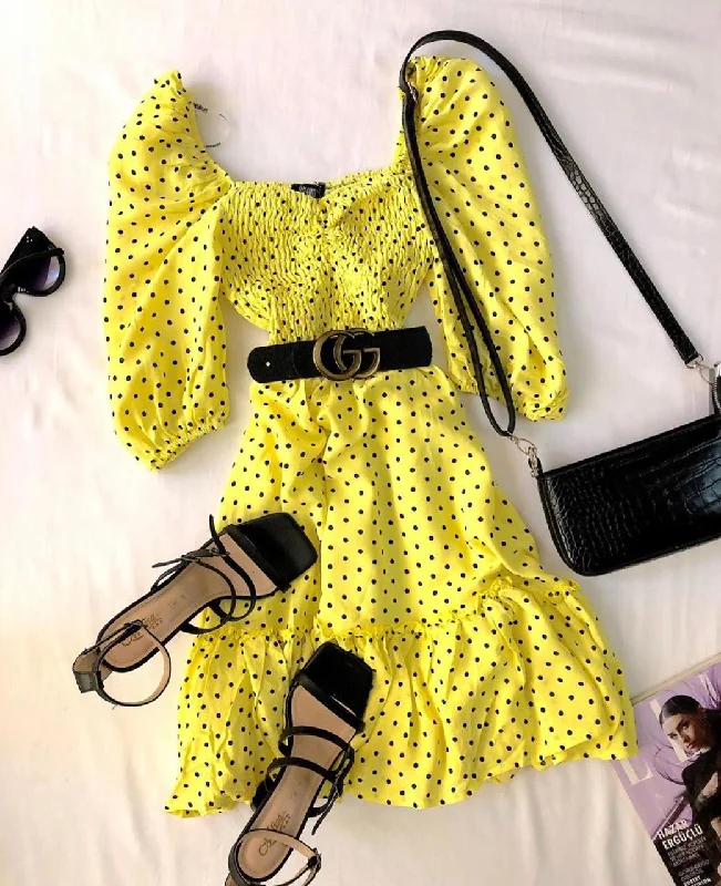 Polka Dot Balloon Sleeve Yellow Dress