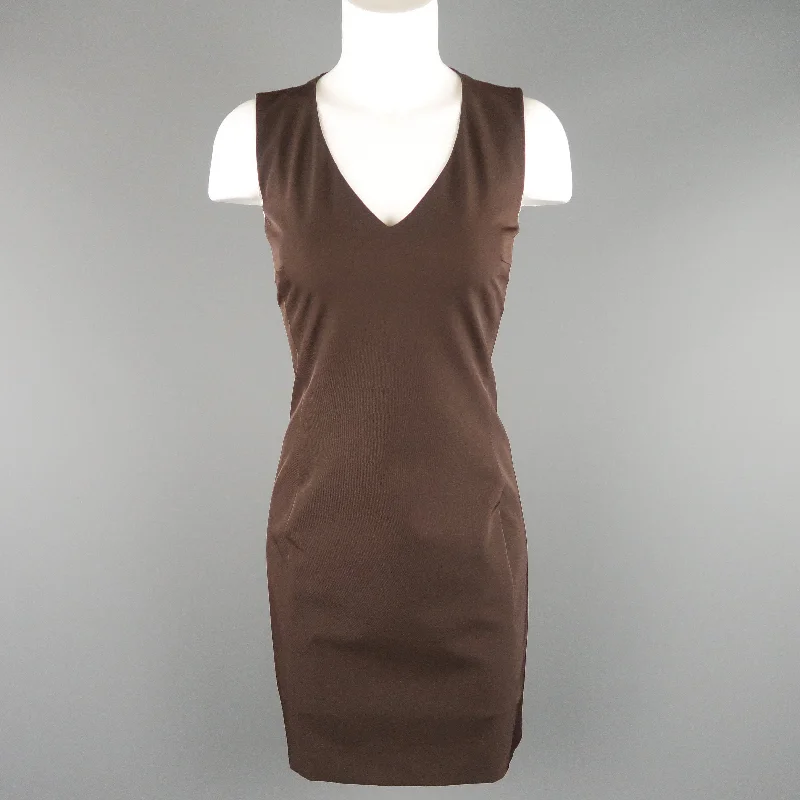 PRADA Size 4 Brown Twill V Neck Sleeveless Shift Dress