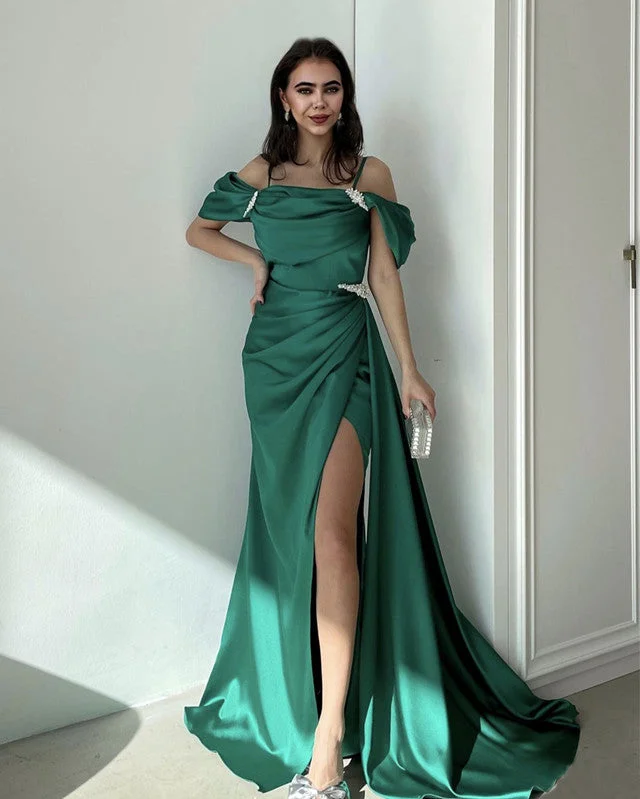 Mermaid Cold Shoulder Split Satin Gown