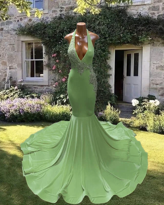 Mermaid Light Green Halter Appliques Dress