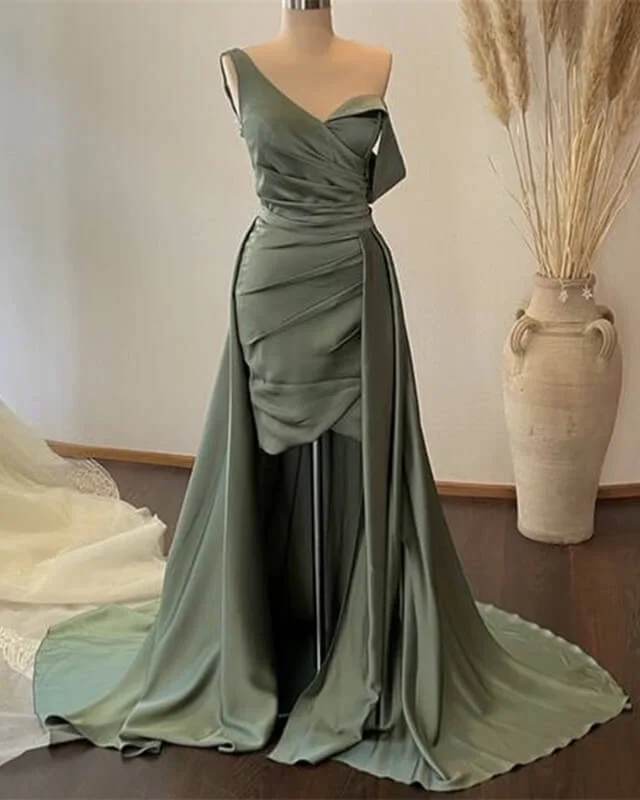 Sheath Sage Pleated Satin Formal Dress