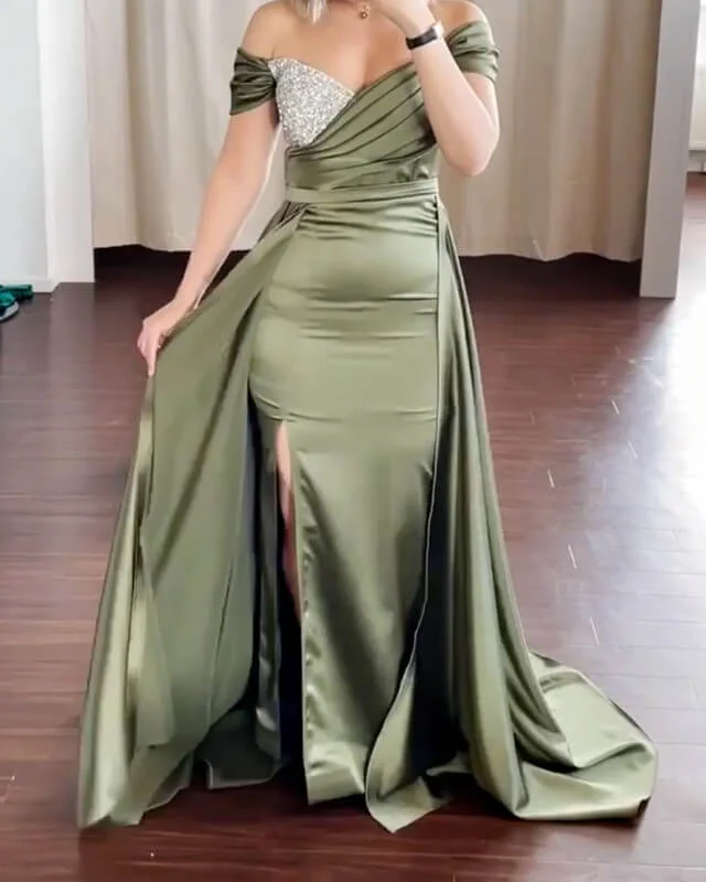 Mermaid Beaded V-neck Off Shoulder Slit Satin Dress