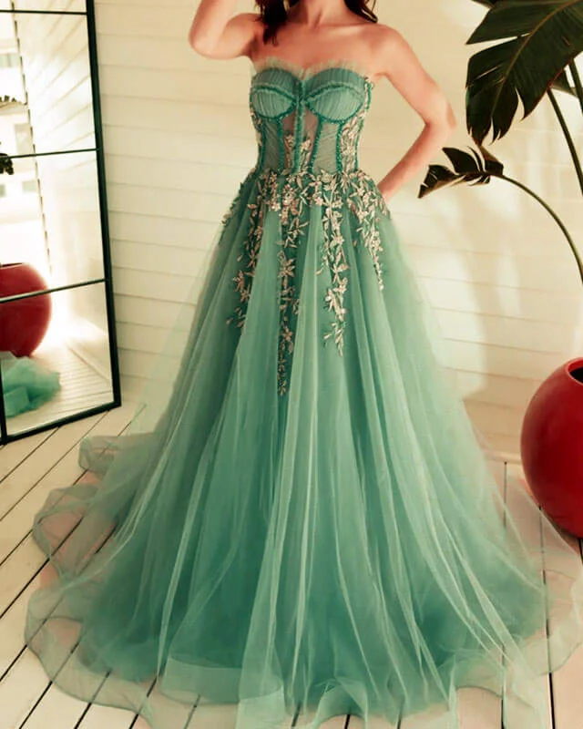 Sage Green Sweetheart Corset Appliques Prom Dresses